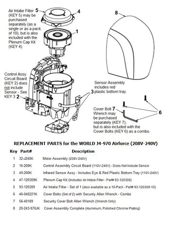 REPLACEMENT PARTS for the world J4-970 Airforce (208V-240V)