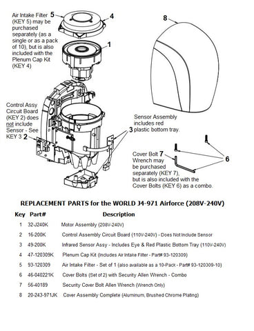 REPLACEMENT PARTS for the world J4-971 Airforce (208V-240V)