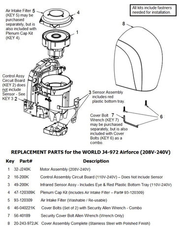 REPLACEMENT PARTS for the world J4-972 Airforce (208V-240V)