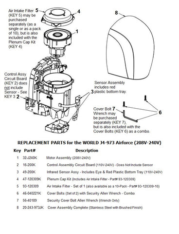 REPLACEMENT PARTS for the world J4-973 Airforce (208V-240V)