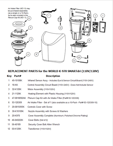 REPLACEMENT PARTS for the world K-970 SMARTdri (110V/120V)