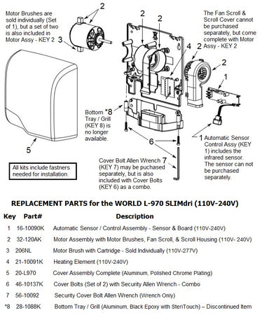 REPLACEMENT PARTS for the WORLD L-970 SLIMdri (110V-240V)