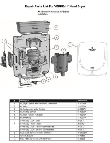 WORLD VERDEdri Q-974 Hand Dryer - Specifications Image