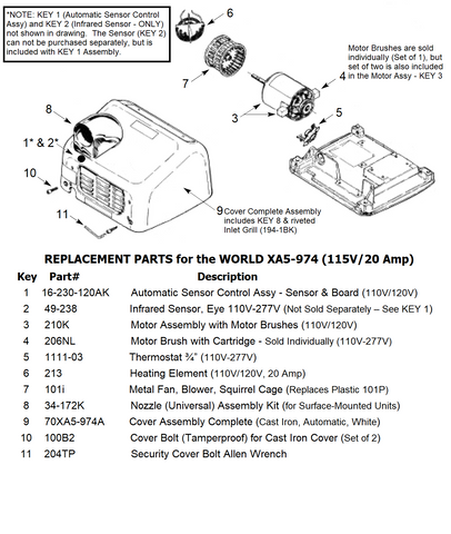 REPLACEMENT PARTS for the world XA5-974 (115V/20V)