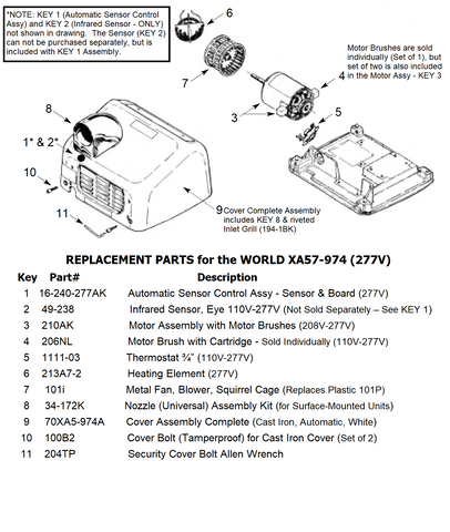 REPLACEMENT PARTS for the WORLD XA57-974 (277V) CAST IRON
