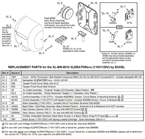 REPLACEMENT PARTS for the Excel XL-BW-ECO (110V/120V)