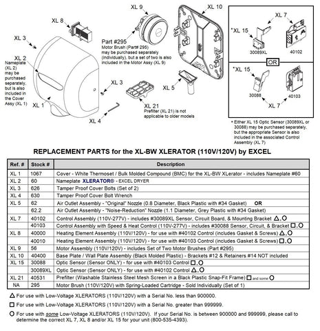 REPLACEMENT PARTS for the XL-BW XLERATOR (110V/120V) by EXCEL