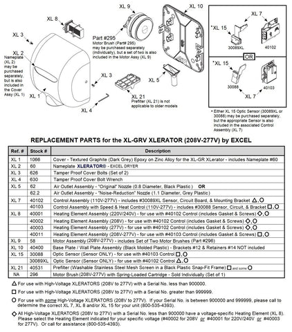 REPLACEMENT PARTS for the XL-GRV Xlerator