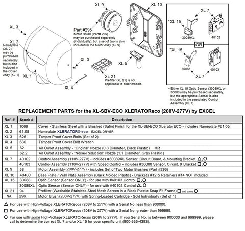 REPLACEMENT PARTS for the XL-SBV-ECO Xleratoreco