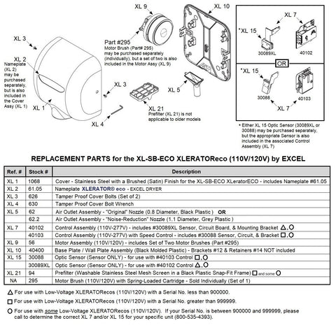 REPLACEMENT PARTS for the XL-SB-ECO Xleratoreco