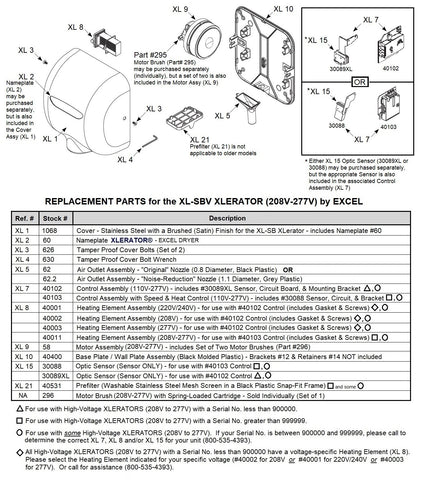 REPLACEMENT PARTS for the XL-SBV Xlerator