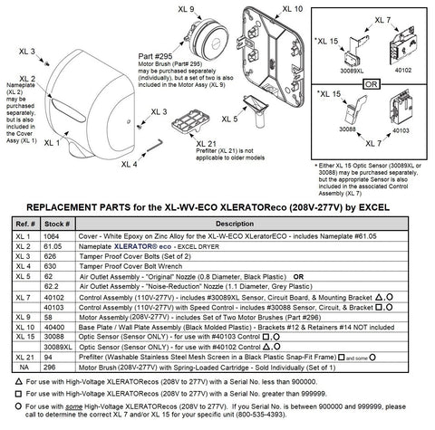 REPLACEMENT PARTS for the XL-WV-ECO Xleratoreco