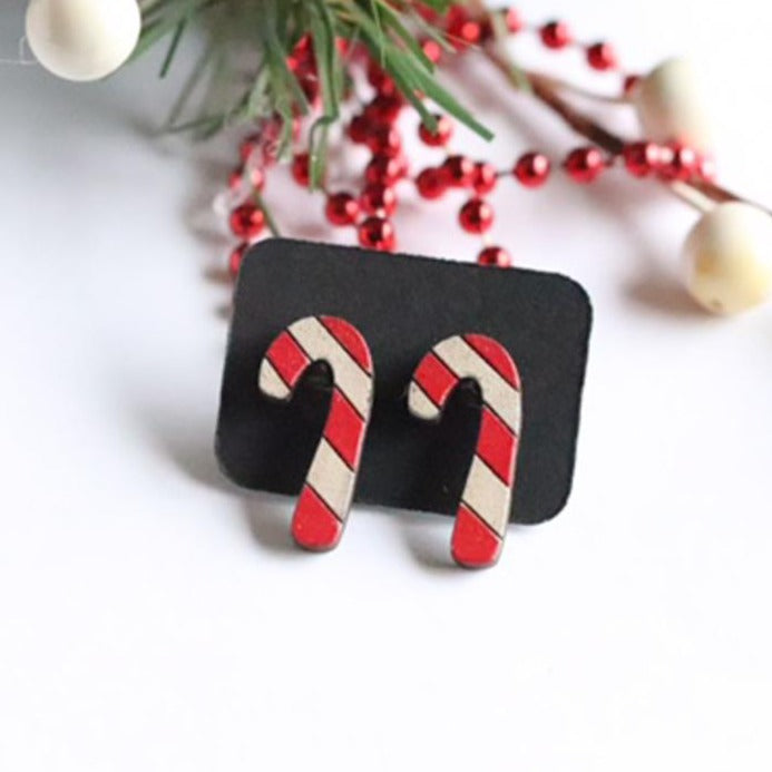 Patterned Acrylic Christmas Candy Cane and Wood Circle Set Earring Blanks,  DIY Jewelry Making