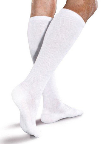 photo of legs from behind wearing white knee high compression socks