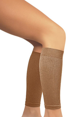 bent legs wearing hazelnut color compression sleeves