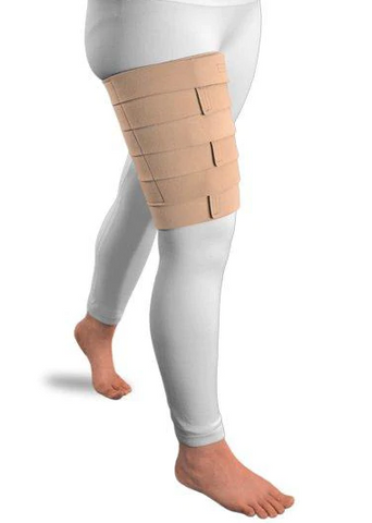 person wearing a thigh compression wrap