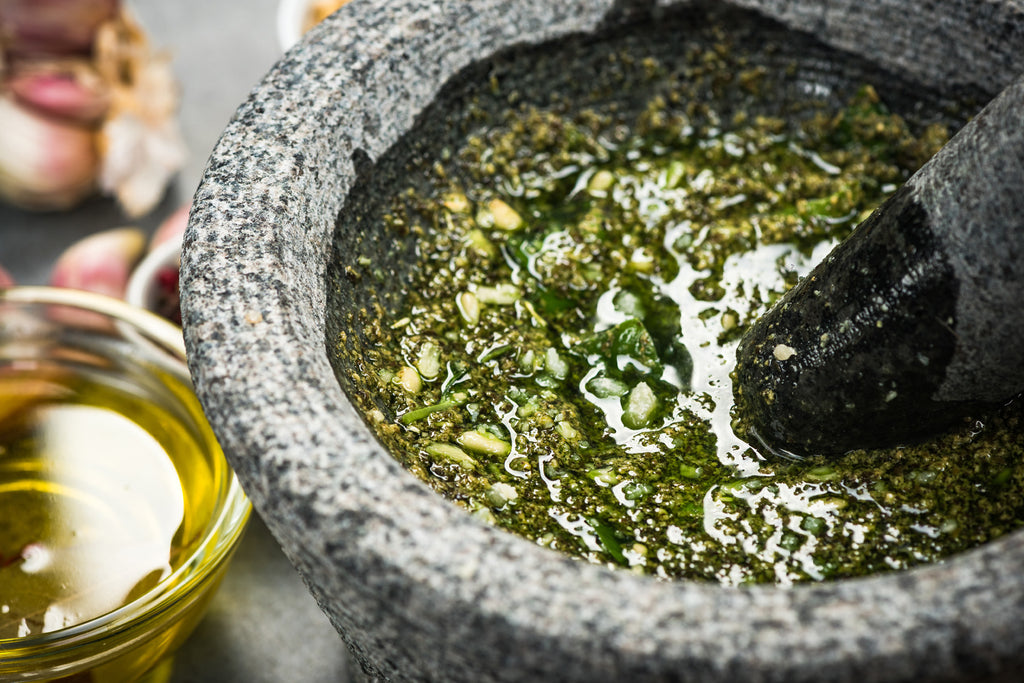pesto made with mortar and pestle