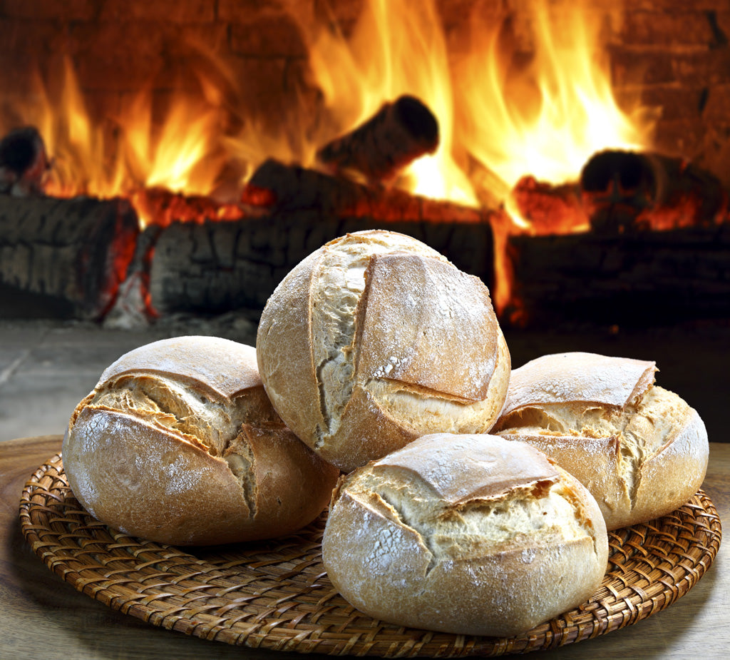 artisan bread in front of fireplace