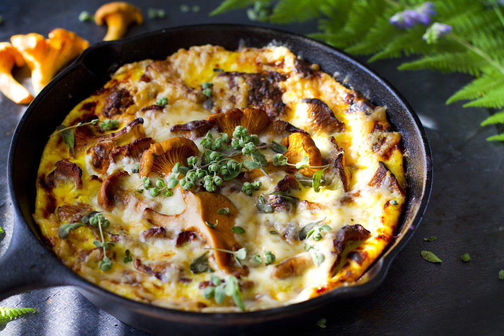 chanterelle frittata in a cast iron skillet