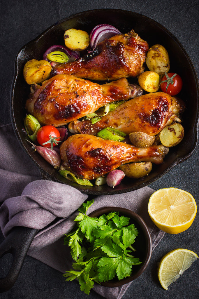 roasted chicken in a cast iron skillet