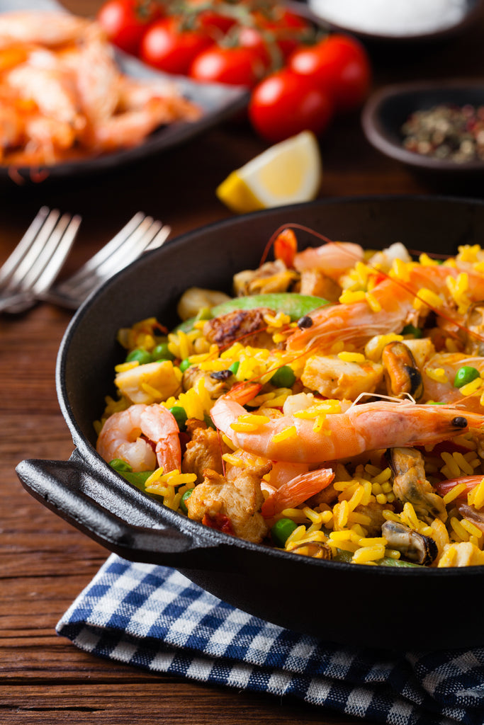 shimp rice stir fry in a cast iron wok