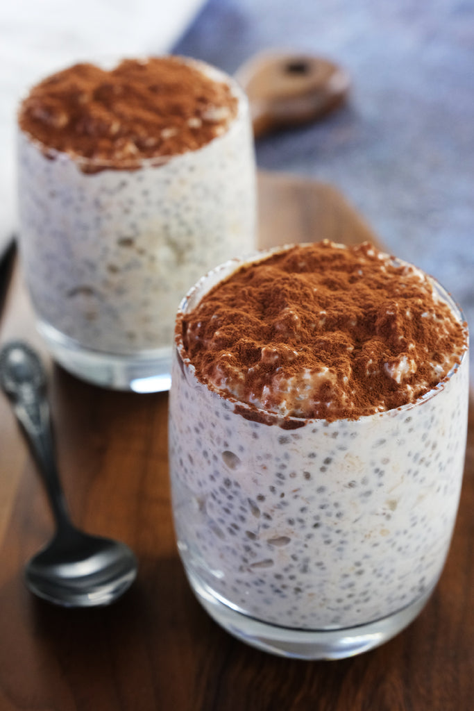 Overnight Oats with Chia Seeds topped with cacao