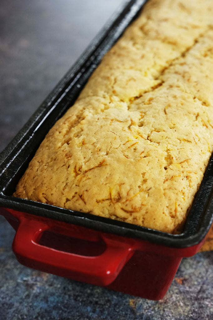 Dandelion cake in an enameled cast iron loaf pan