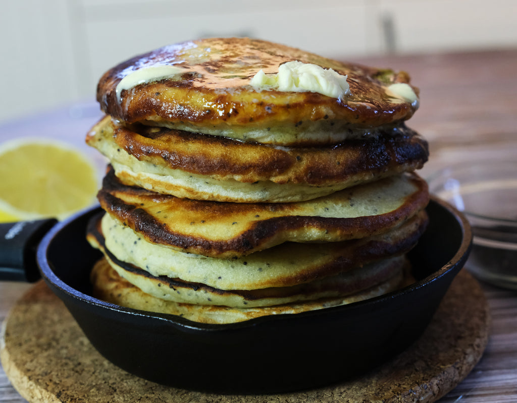 fluffy pancakes made in cast iron skillets
