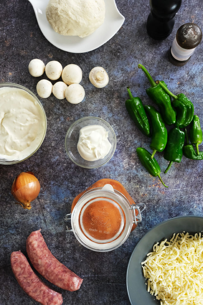 Ingredients to Pizza with Salsiccia, Ajvar Relish and Pimientos de Padron