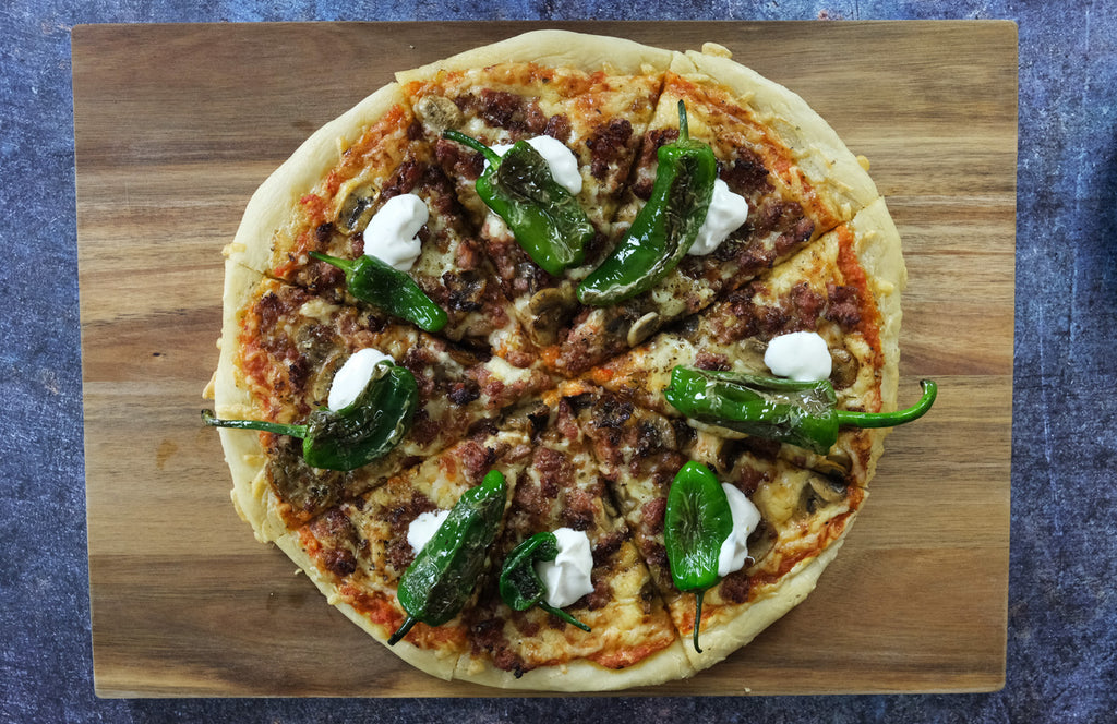 Pizza with Salsiccia, Ajvar Relish and Pimientos de Padron