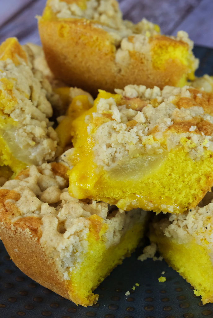SAFFRON AND PEAR CAKE TOPPED WITH GINGER AND CARDAMOM CRUMBS