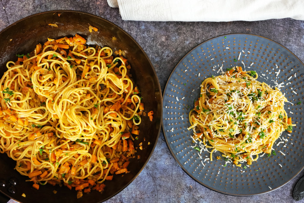 pasta soffritto made in a carbon steel frying pan