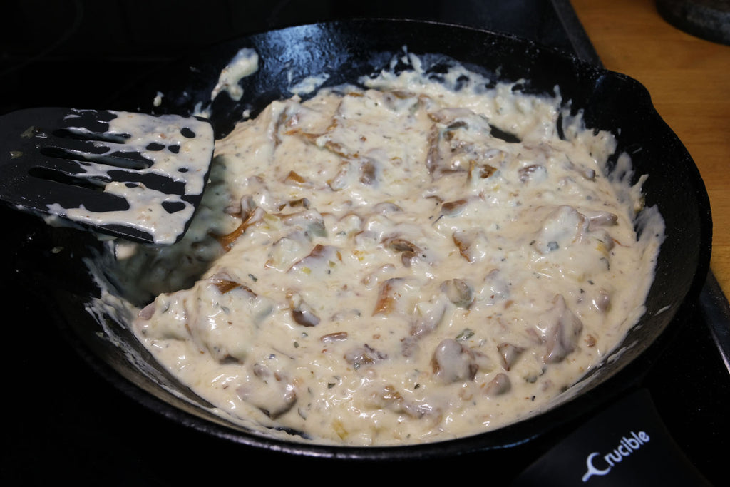 chanterelle sauce in a cast iron skillet