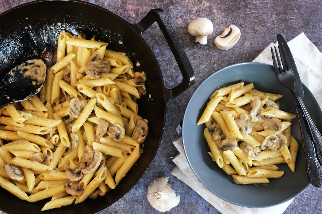 pasta in a cast iron wok