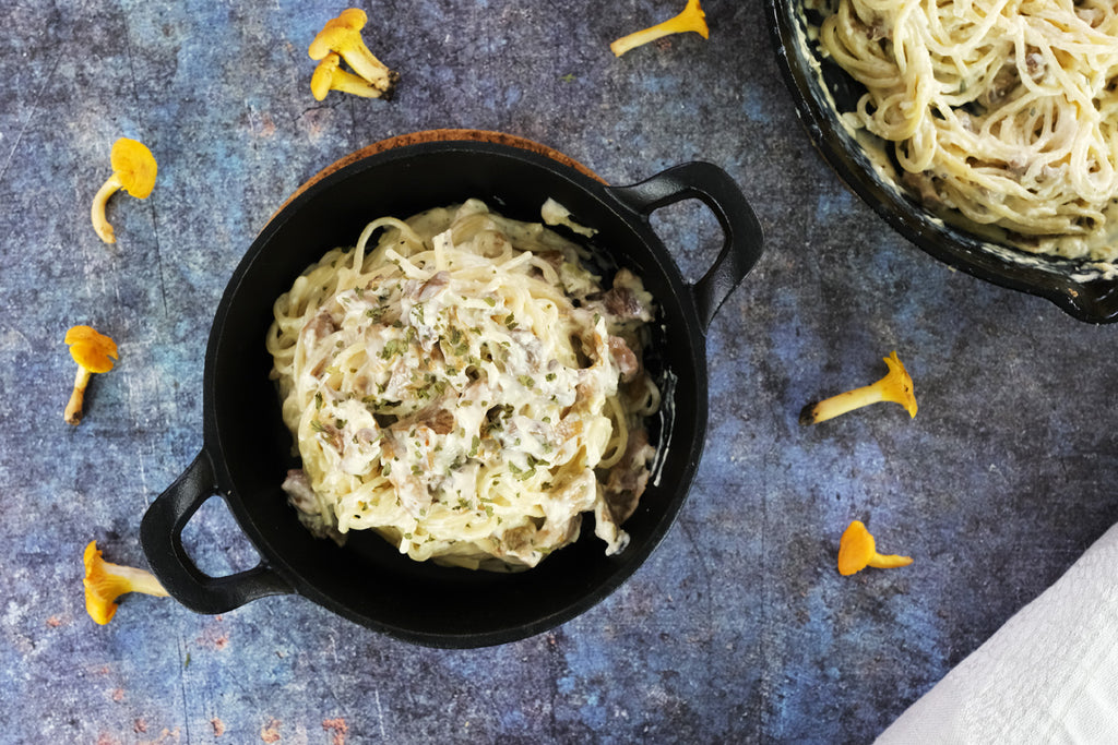 Creamy Chanterelle Mushroom Pasta in a cast iron serving pan
