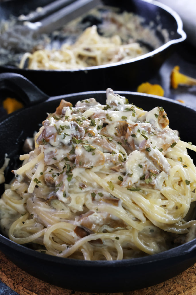 Chanterelle Mushroom Pasta in a cast iron oven form