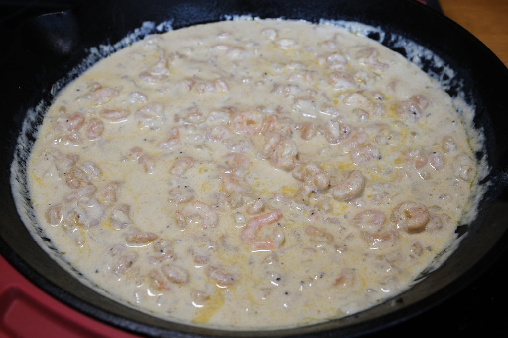 shrimp pasta sauce in a 12 inch cast iron skillet