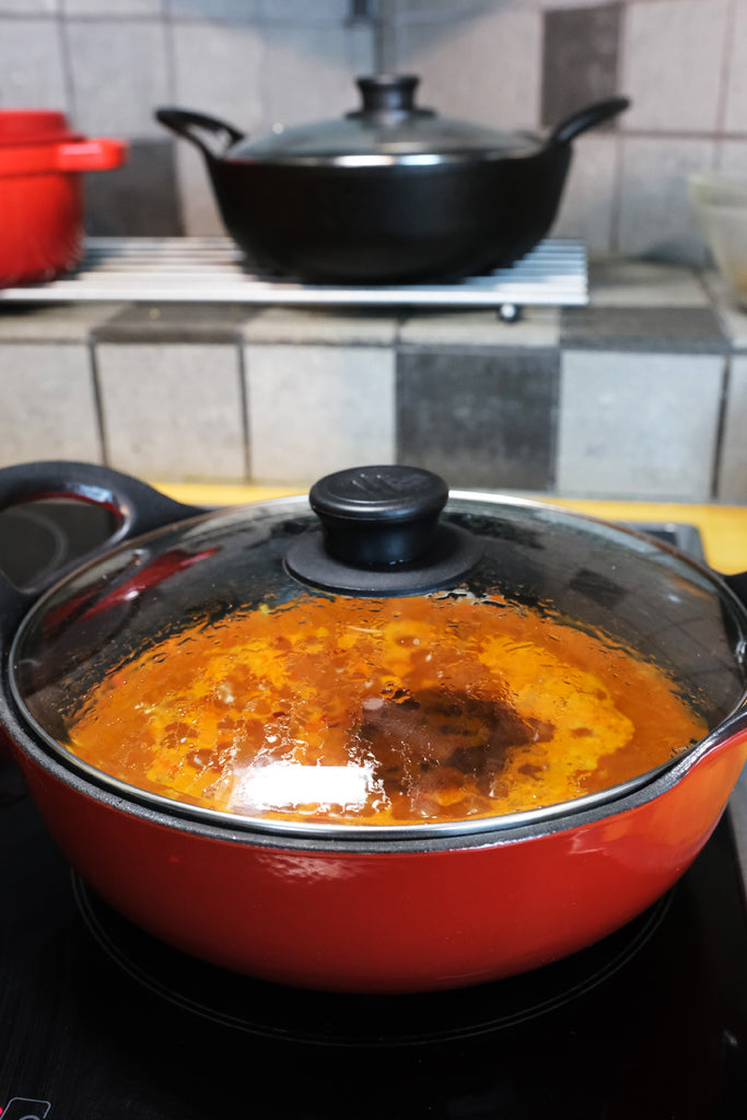 curry in an enameled cast iron balti dish