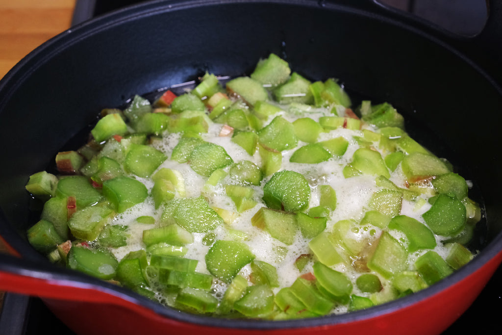 rhubarb in an enameled cast iron balti dish