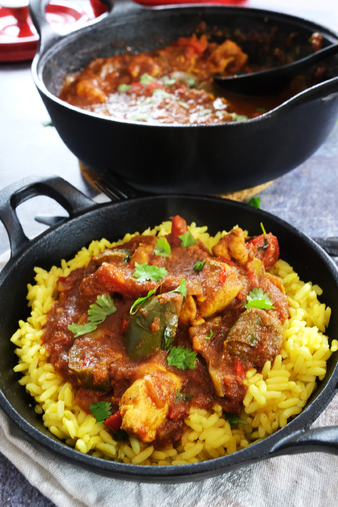 Balti curry chicken served with rice
