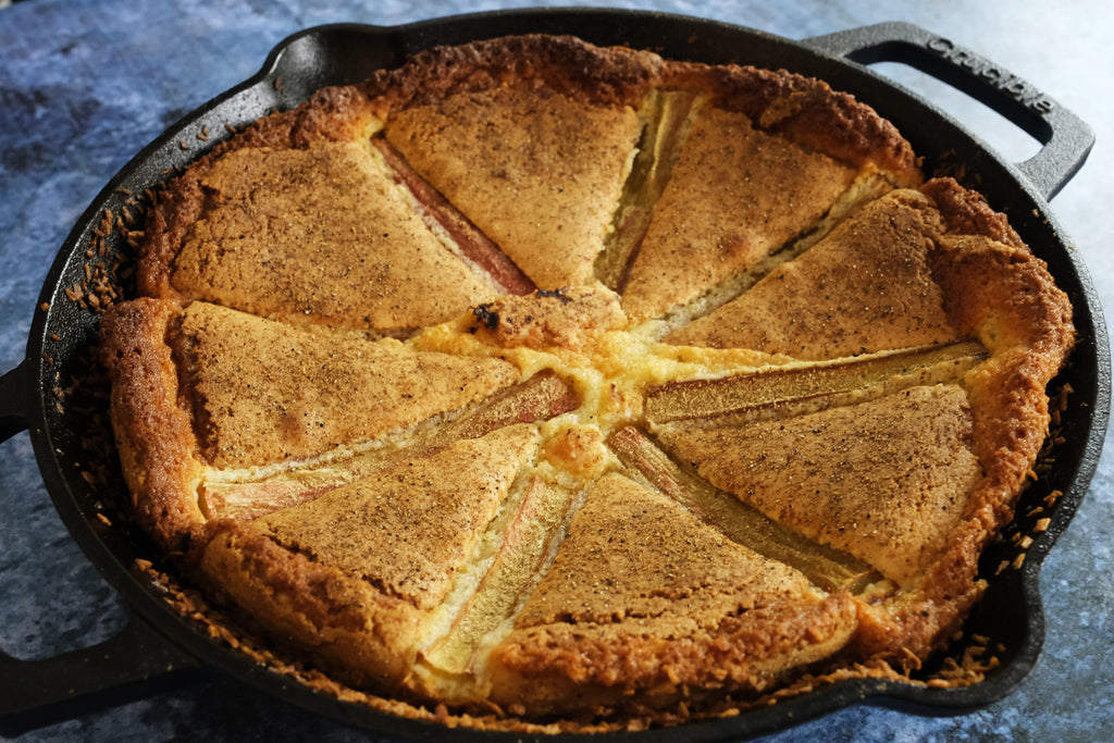 rhubarb cake in a cast iron skillet