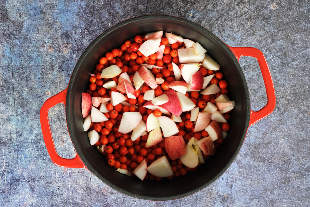 rowanberries in an enemeled dutch oven