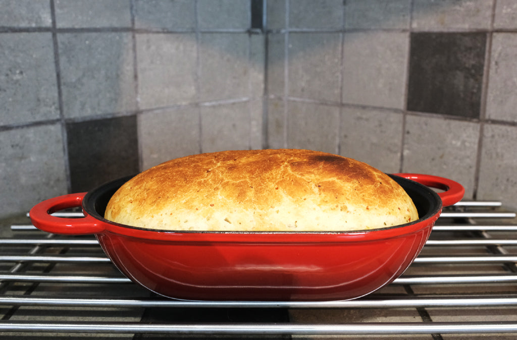italian bread in a cast iron bread pan