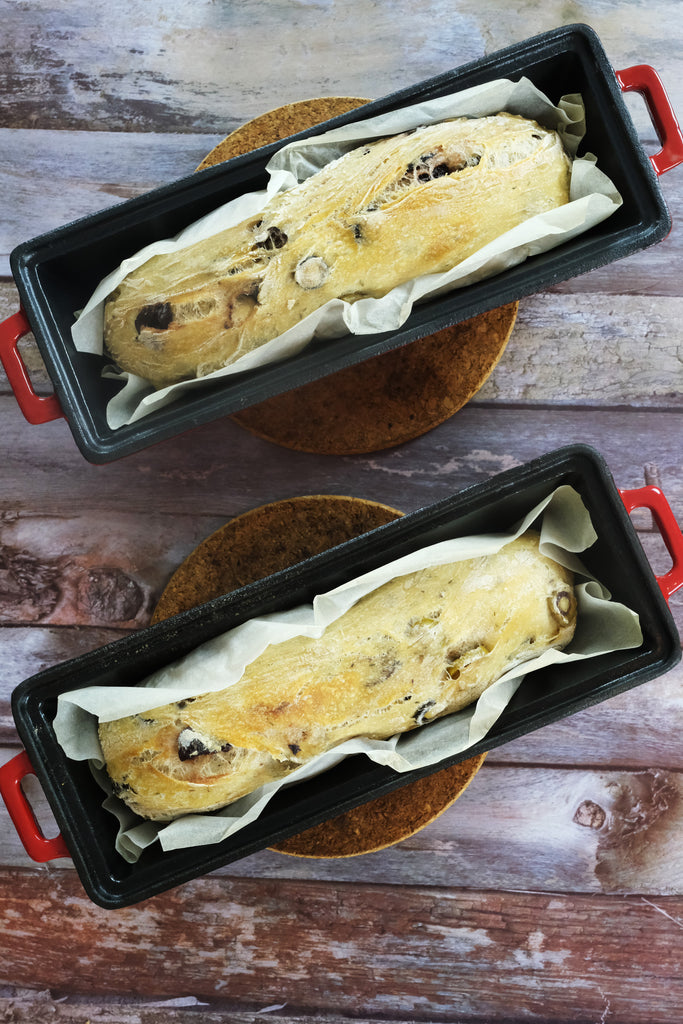 olive bread in enameled cast iron bread pans