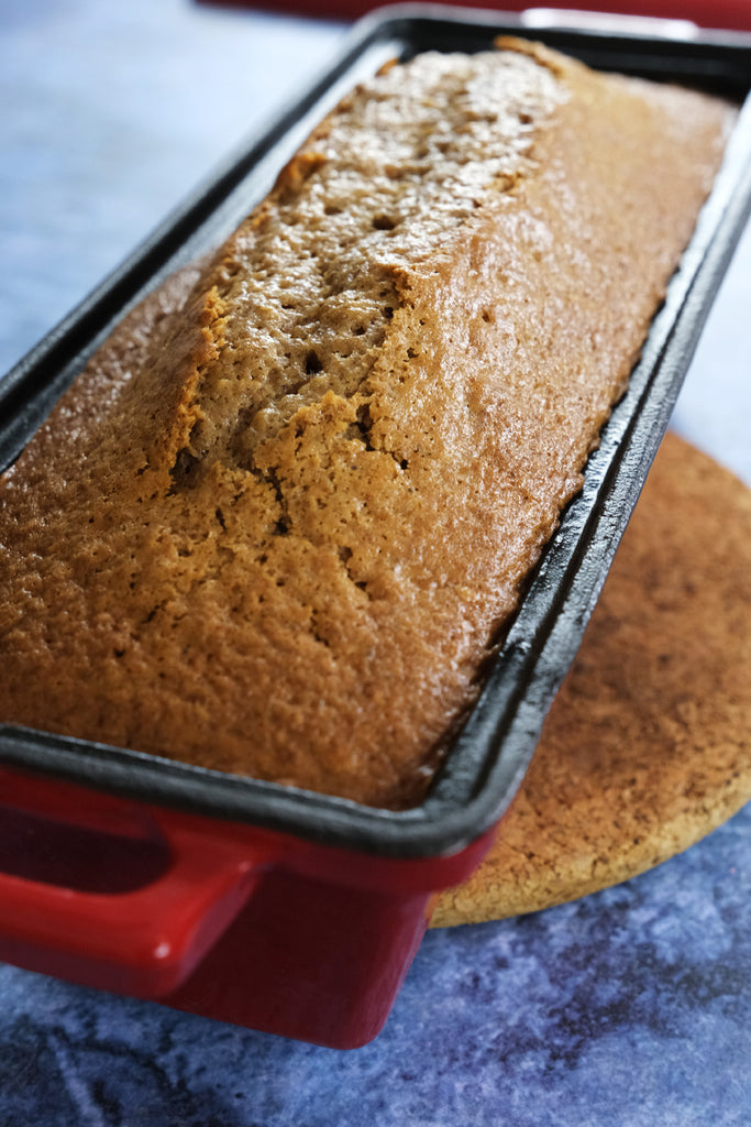 Spice cake baked in an enameled cast iron bread pan