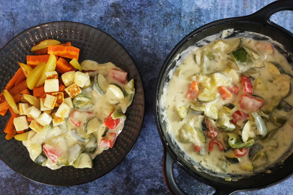 zucchini casserole with roasted potatoes and carrots