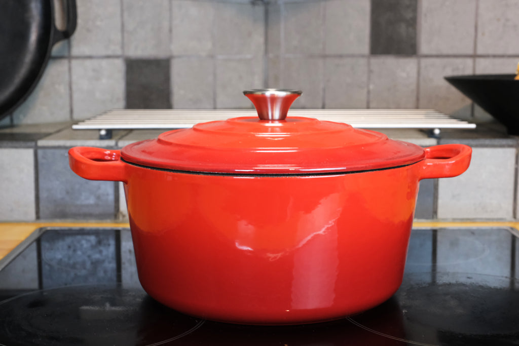 enameled cast iron dutch oven on the stove