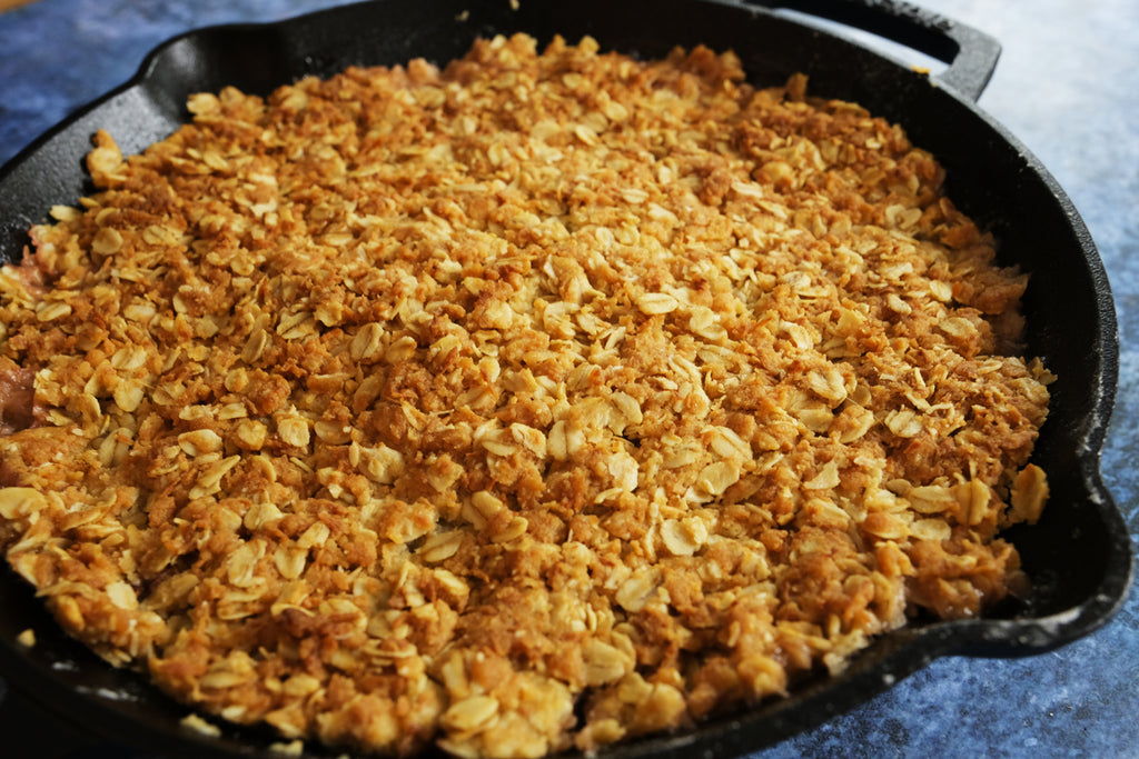 rhubarb pie baked in a cast iron skillet