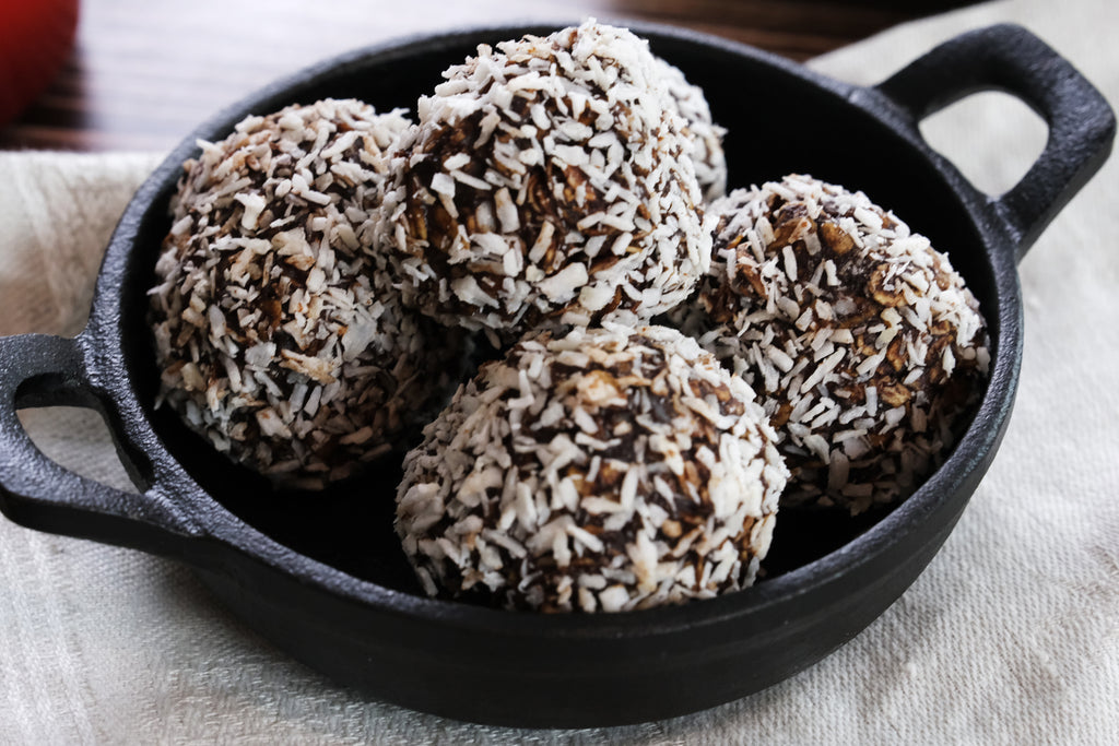 chocolate balls in a cast iron serving pan