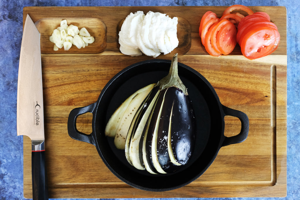 eggplant in a cast iron pan